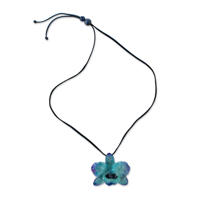 Natural orchid pendant necklace, 'Natural Feeling in Blue' - Adjustable Natural Orchid Necklace in Blue from Thailand