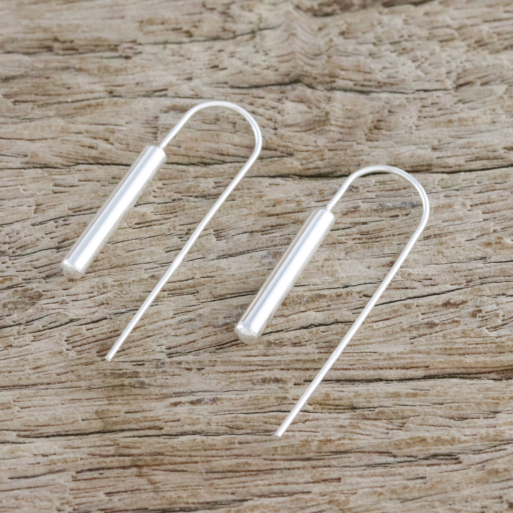 Cylindrical Sterling Silver Drop Earrings from Thailand, 'Gleaming Cattails'