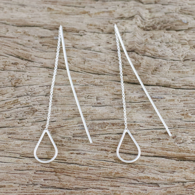 Sterling silver threader earrings, 'Plummet' - Sterling Silver Teardrops Long Threader Earrings Thailand