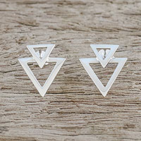 Sterling silver button earrings, 'Trendy Triangles' - Sterling Silver Triangles Button Earrings from Thailand