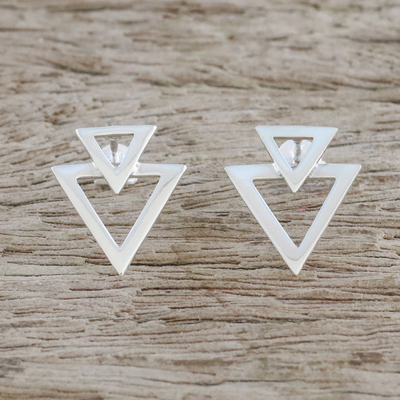 Sterling silver button earrings, 'Trendy Triangles' - Sterling Silver Triangles Button Earrings from Thailand