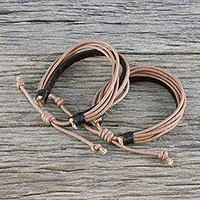 Men's leather and cotton cord bracelets, 'Bold Espresso Contrast' (pair)