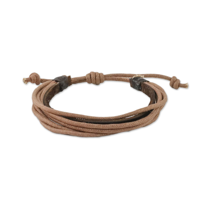 Men's leather and cotton cord bracelets, 'Bold Espresso Contrast' (pair) - Pair of Men's Leather Cord Wristband Bracelets from Thailand