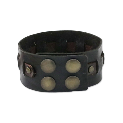Men's leather wristband bracelet, 'New Pathways in Black' - Men's Black Leather Wristband Bracelet from Thailand