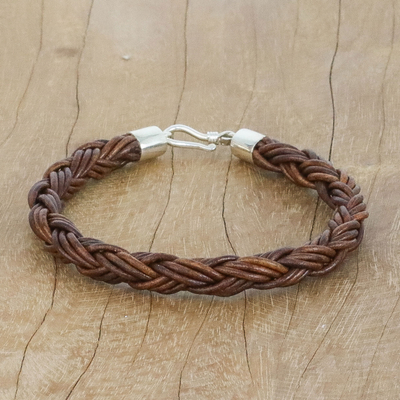 Braided leather bracelet, 'Thai Insight in Chestnut' - Handmade Brown Braided Leather Bracelet from Thailand