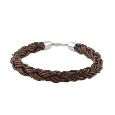 Braided leather bracelet, 'Thai Insight in Chestnut' - Handmade Brown Braided Leather Bracelet from Thailand