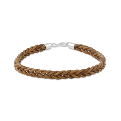 Leather wristband bracelet, 'Style and Strength in Copper' - Leather Braided Wristband Bracelet in Copper from Thailand