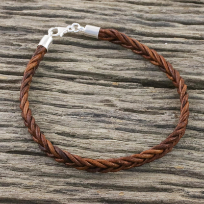 Leather wristband bracelet, 'Style and Strength in Mahogany' - Leather Braided Wristband Bracelet in Mahogany from Thailand