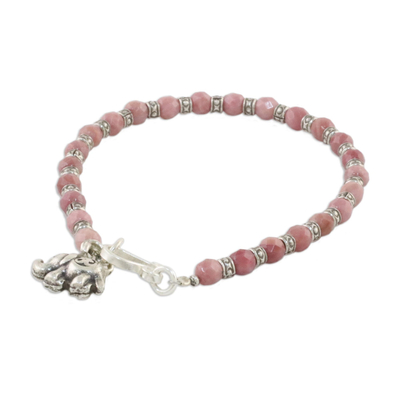 Rhodonite charm bracelet, 'Lucky Elephant' - Pink Rhodonite and Karen Silver Charm Bracelet with Elephant