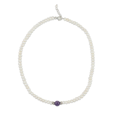 Cultured pearl and amethyst beaded necklace, 'Amethyst Romance' - Cultured Pearl and Amethyst Beaded Necklace from Thailand