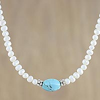 Cultured pearl beaded necklace, 'Turquoise Romance' - Cultured Pearl Beaded Necklace from Thailand