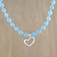 Quartz pendant necklace, 'Beads of Love' - Blue Quartz and Karen Silver Heart Necklace from Thailand