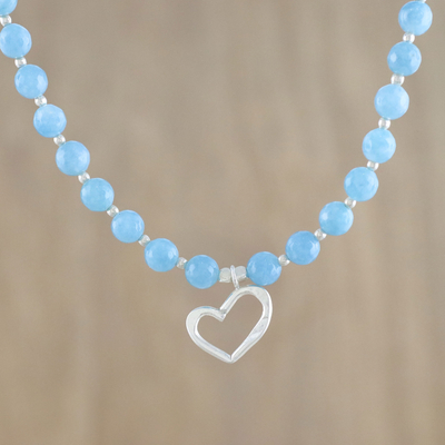Halskette mit Quarzanhänger - Blauer Quarz und Karen-Silber-Herz-Halskette aus Thailand