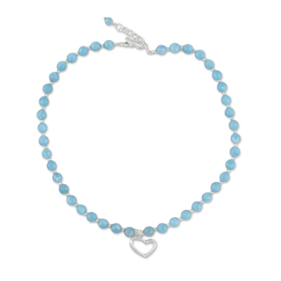 Quartz pendant necklace, 'Beads of Love' - Blue Quartz and Karen Silver Heart Necklace from Thailand