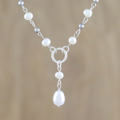 Cultured pearl pendant necklace, 'Perfect Glow' - Cultured Pearl Station Pendant Necklace from Thailand