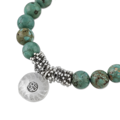 Silver charm bracelet, 'Mossy Charm' - Karen Silver Beaded Om Bracelet from Thailand