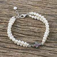 Cultured pearl pendant bracelet, 'Divine Adoration' - Cultured Pearl Cross Pendant Bracelet from Thailand