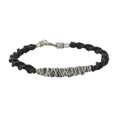 Men's silver and leather bracelet, 'Siam Puzzle in Black' - Karen Silver and Leather Men's Bracelet from Thailand