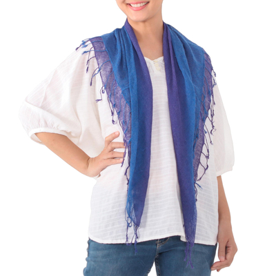 Pañuelo de seda - Bufanda de seda con flecos azules y morados tejida a mano de Tailandia
