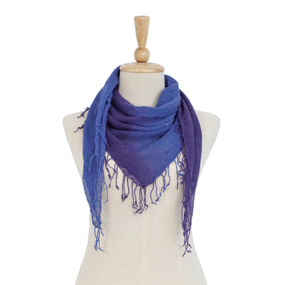 Silk scarf, 'Imperial Night' - Handwoven Blue and Purple Fringed Silk Scarf from Thailand