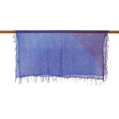 Silk scarf, 'Imperial Night' - Handwoven Blue and Purple Fringed Silk Scarf from Thailand