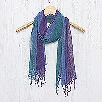 Silk scarf, 'Mists of Tomorrow' - Handwoven Blue Teal and Purple Silk Scarf from Thailand