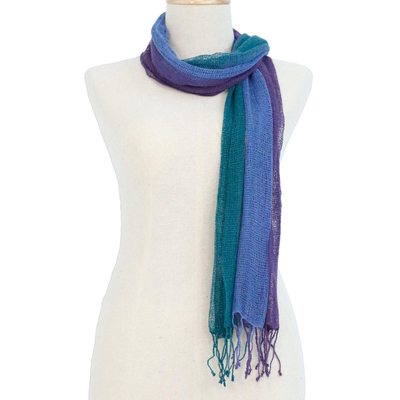 Silk scarf, 'Mists of Tomorrow' - Handwoven Blue Teal and Purple Silk Scarf from Thailand