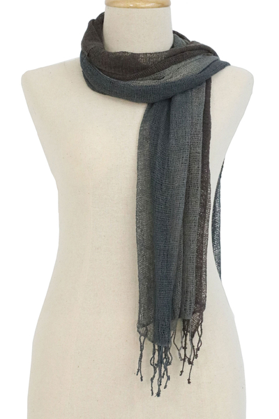 Silk scarf, 'Approaching Storm' - Artisan Handwoven Grey Fringed Silk Scarf from Thailand