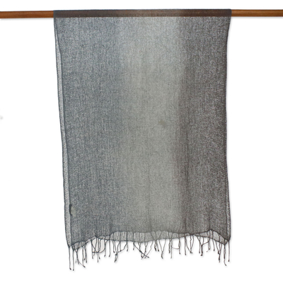 Silk scarf, 'Approaching Storm' - Artisan Handwoven Grey Fringed Silk Scarf from Thailand