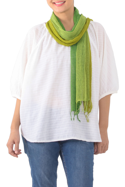 Silk scarf, 'Sour Candy' - Artisan Handwoven Fringed Green Silk Scarf from Thailand