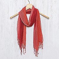 Silk scarf, 'Changing Leaves' - Artisan Handwoven Red Orange Silk Scarf from Thailand