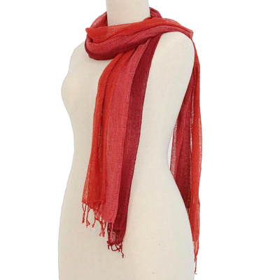 Silk scarf, 'Changing Leaves' - Artisan Handwoven Red Orange Silk Scarf from Thailand