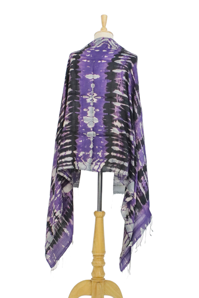 Tie-dye silk shawl, 'Purple Monarch' - Handwoven Black and Purple Tie-Dye Silk Shawl from Thailand