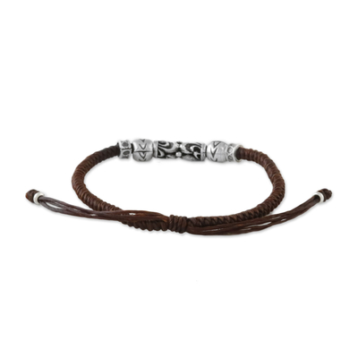 Silver beaded cord bracelet, 'Ancient Aura' - Thai Handcrafted Silver Beaded Espresso Cord Bracelet