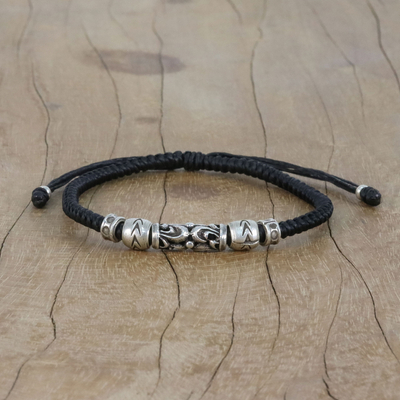 Silver beaded cord bracelet, 'Ancient Spirit' - Thai Artisan Crafted Silver Beaded Ebony Cord Bracelet