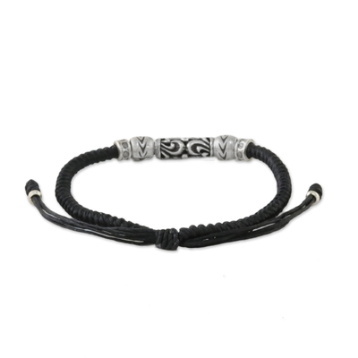 Silver beaded cord bracelet, 'Ancient Spirit' - Thai Artisan Crafted Silver Beaded Ebony Cord Bracelet