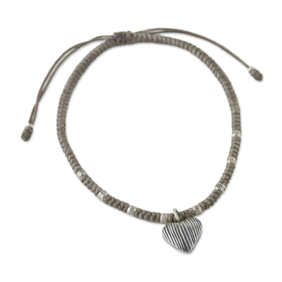 Grey Cord Heart Charm Bracelet with Hill Tribe Silver