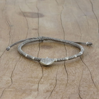 Silver charm cord bracelet, 'Ancient Heart in Grey' - Grey Cord Heart Charm Bracelet with Hill Tribe Silver