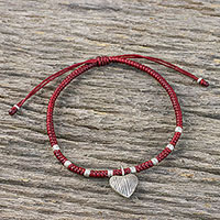 Dark Red Braided Cord Bracelet with Hill Tribe Silver,'Ancient Heart in Red'