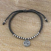 pulsera de plata - Pulsera de Cordón Negro con Charm Om de Plata 950