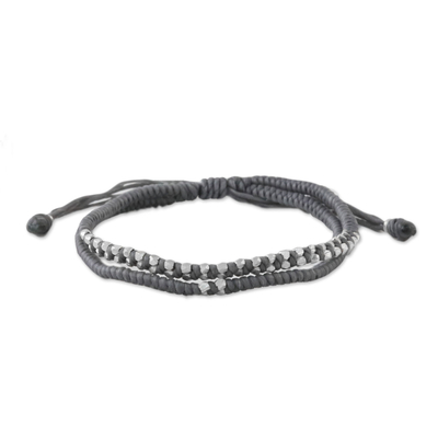 Silver beaded cord bracelet, 'Everyday Thai in Steel Grey' - 950 Silver and Waxed Cord Bracelet from Thailand