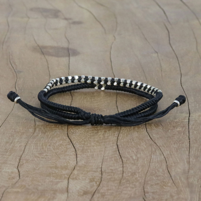 Silver beaded cord bracelet, 'Everyday Thai in Jet Black' - Black Braided Cord Bracelet with Silver 950 Beads