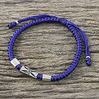 Silver pendant bracelet, 'Karen Triangle in Blue' - Hill Tribe Blue Cord Bracelet with Silver Beads