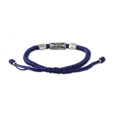 Silver pendant bracelet, 'Karen Triangle in Blue' - Hill Tribe Blue Cord Bracelet with Silver Beads
