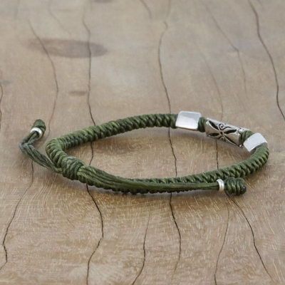 Silver pendant bracelet, 'Karen Triangle in Olive' - Hand Braided Olive Cord Bracelet with Silver Pendants
