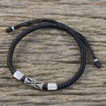 Silver pendant bracelet, 'Karen Triangle in Black' - Silver 950 and Black Braided Cord Bracelet