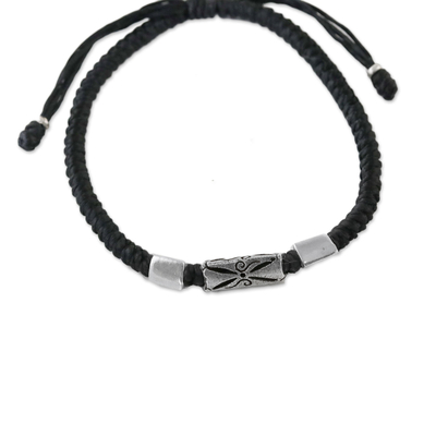 Silver pendant bracelet, 'Karen Triangle in Black' - Silver 950 and Black Braided Cord Bracelet