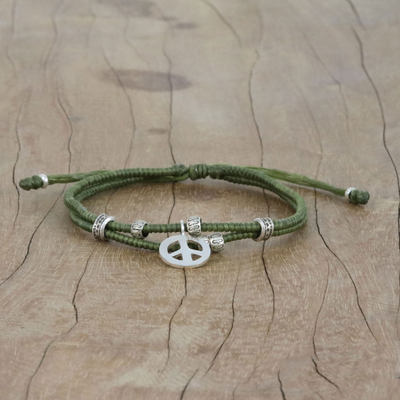 Silver beaded cord bracelet, 'Lucky Peace' - Olive Colored Cord Beaded Bracelet with Silver Peace Charm