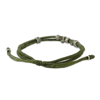 Silver beaded cord bracelet, 'Lucky Peace' - Olive Colored Cord Beaded Bracelet with Silver Peace Charm