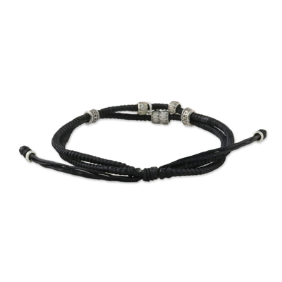 Silver beaded cord bracelet, 'Peace and Amity' - Ebony coloured Cord Beaded Bracelet with Silver Peace Charm